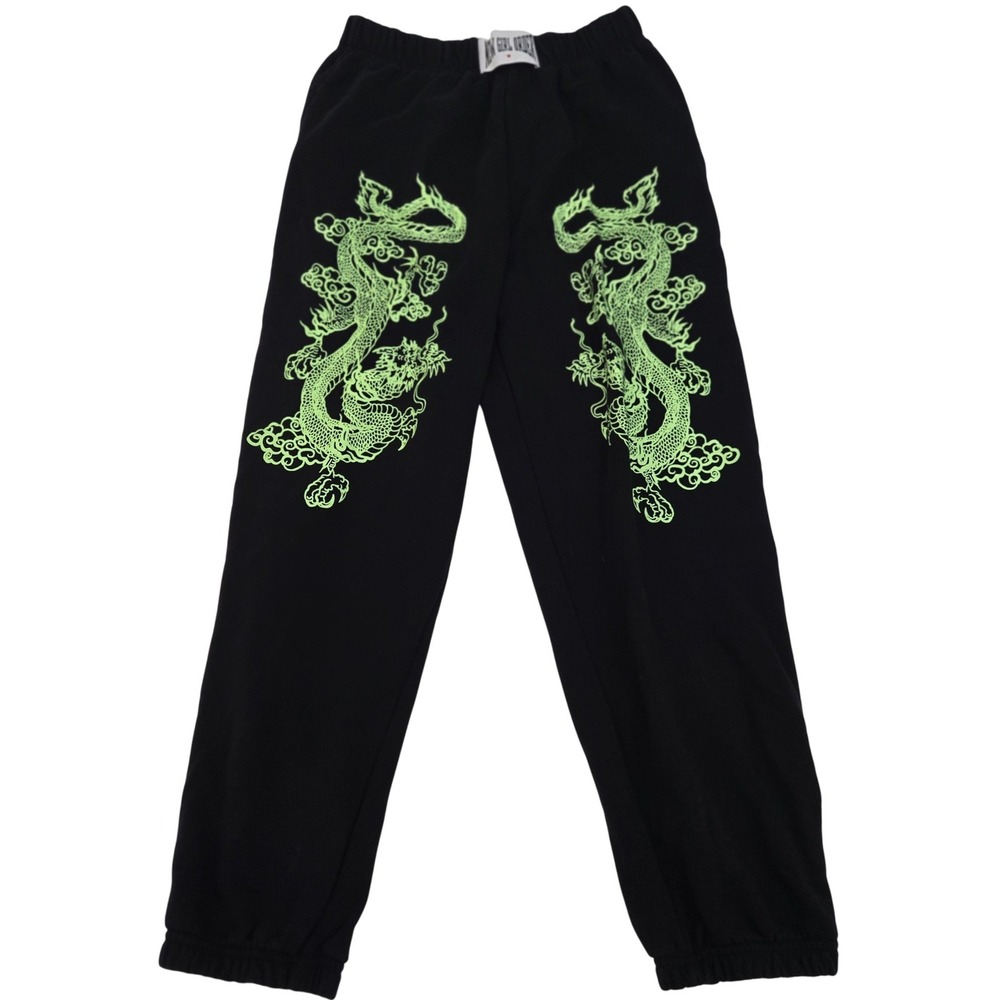 New Girl Order Joggers Sweatpants‎ Women's 8 Black Neon Green Dragon Graphic Y2K